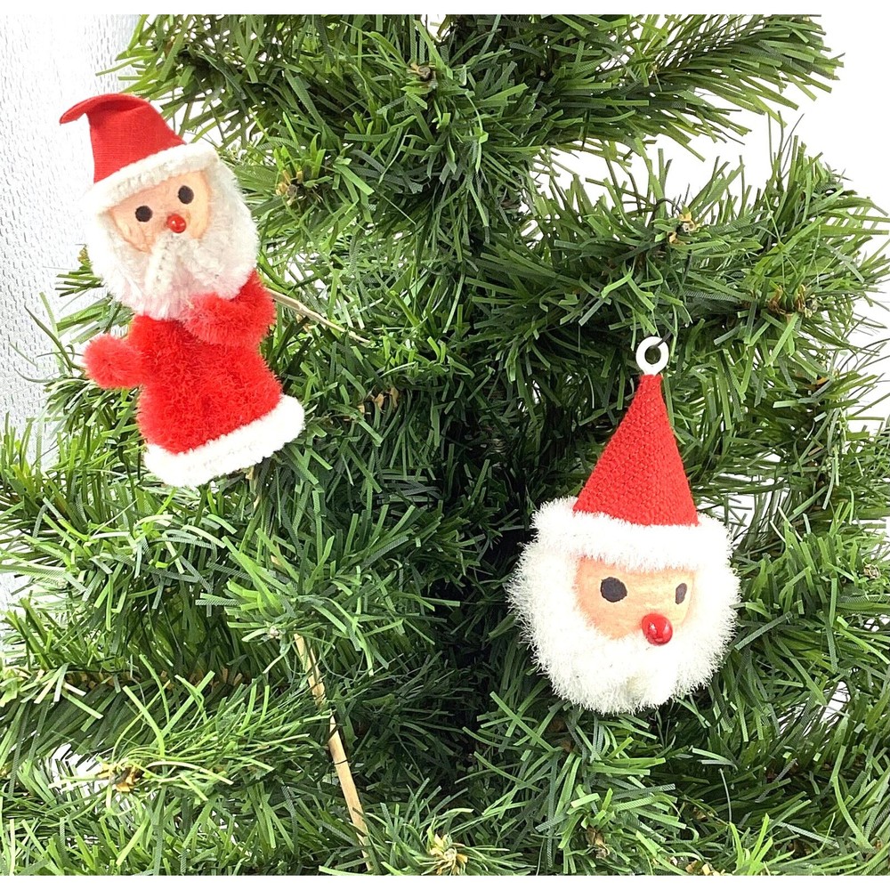 2 Count-Vintage Wood Pulp Santa Face Santa Stick Puppet Czech Christmas Ornament